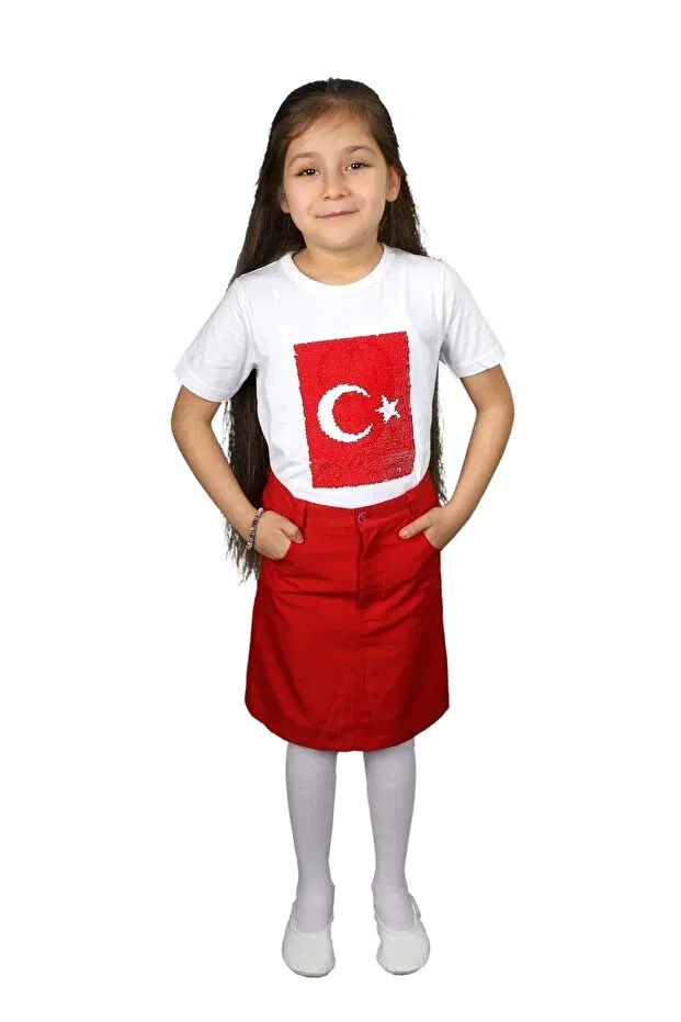 Детская футболка с принтом Unisex children's show spinning sequin atatürk-turkish flag t-shirt Generic Brands, White — фото 2