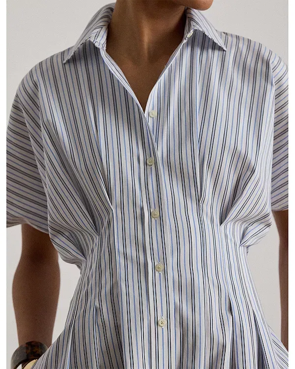 Женское платье из хлопка с принтом Petite Striped Pleated Broadcloth Shirtdress Ralph Lauren, Blue Multi — фото 4