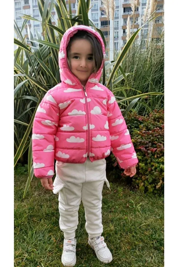 Детский комплект для девочек с принтом Cloud Printed Coat and Tracksuit Set 3 Pieces Pink Hippo Kids, Pink-White