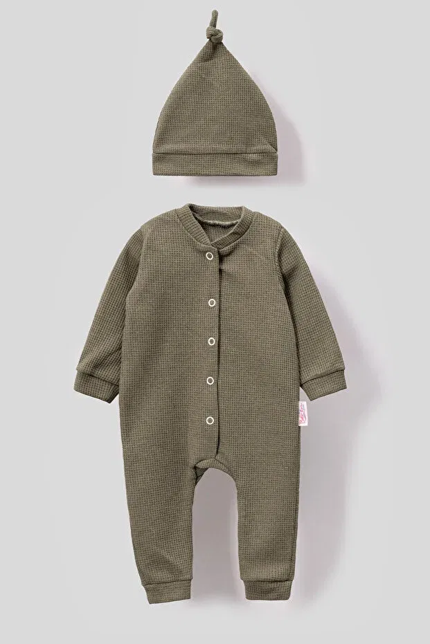 Детский комбинезон для новорожденных с принтом Ribbed combed cotton baby rompers with stylish hat Bubito, Khaki