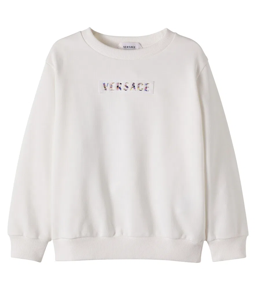 Толстовка из хлопкового трикотажа с логотипом и бисером Versace Kids, белый