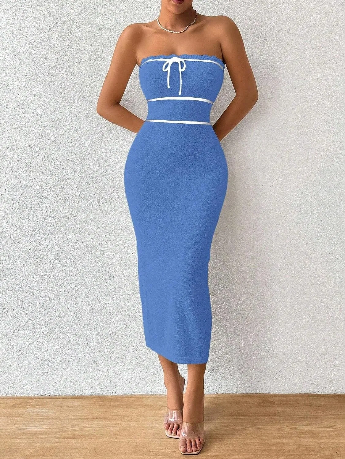 Женское платье длинное облегающее без бретелек Huhuidong, Mint Blue — фото 3
