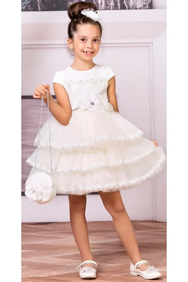 Детское платье из тюля с коротким рукавом Süslü Pink Kids, White