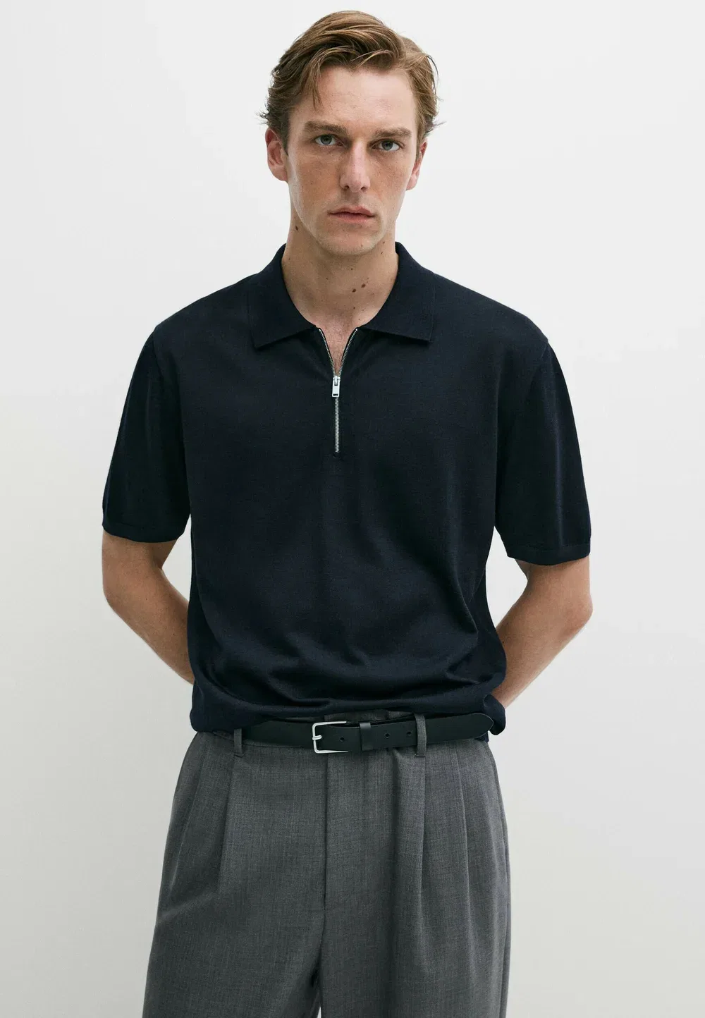 Рубашка-Поло из шерстяной смеси с застежкой-молнией - рубашка-поло Massimo Dutti, Dark Blue