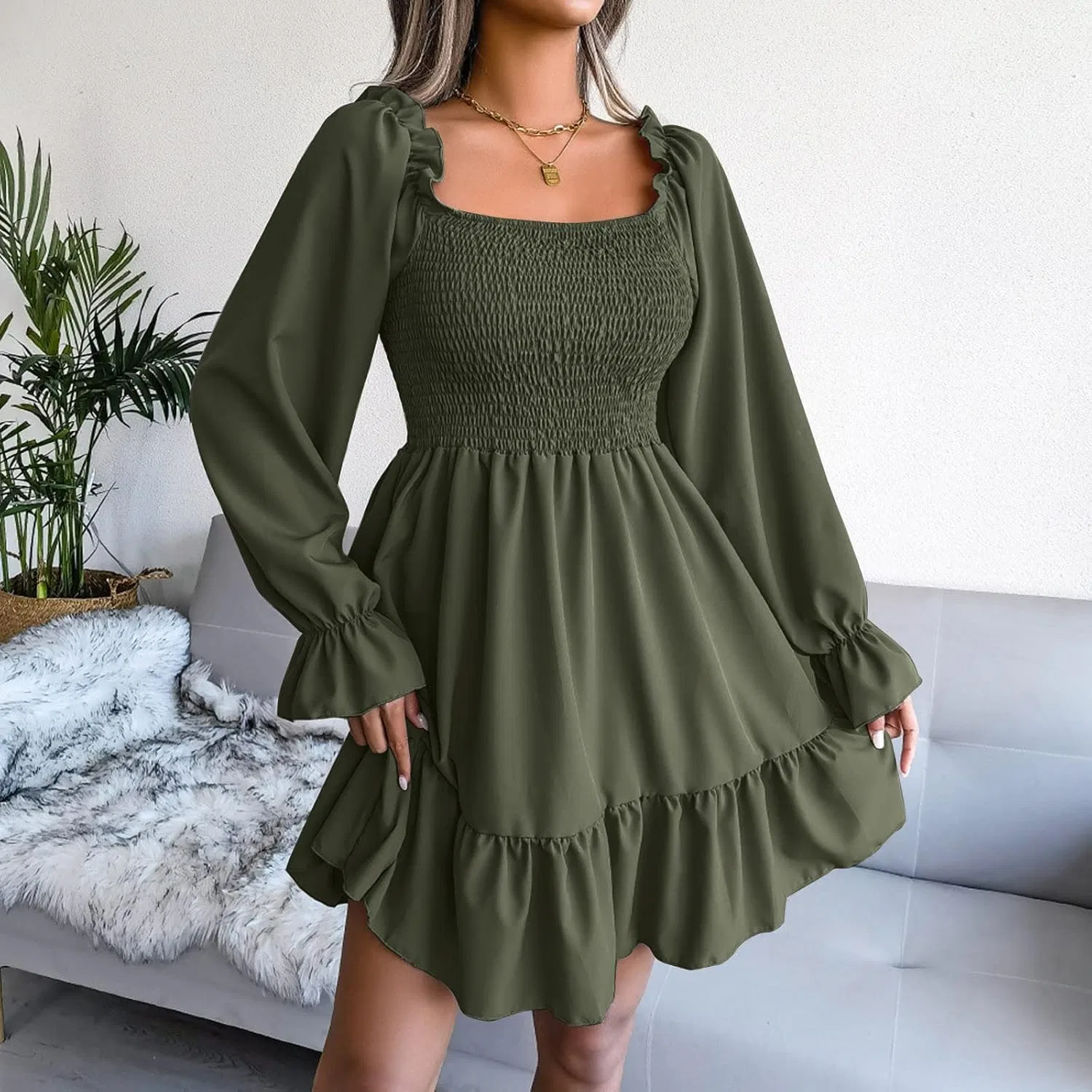 Женское платье с квадратным вырезом и воланами, Army Green — фото 2