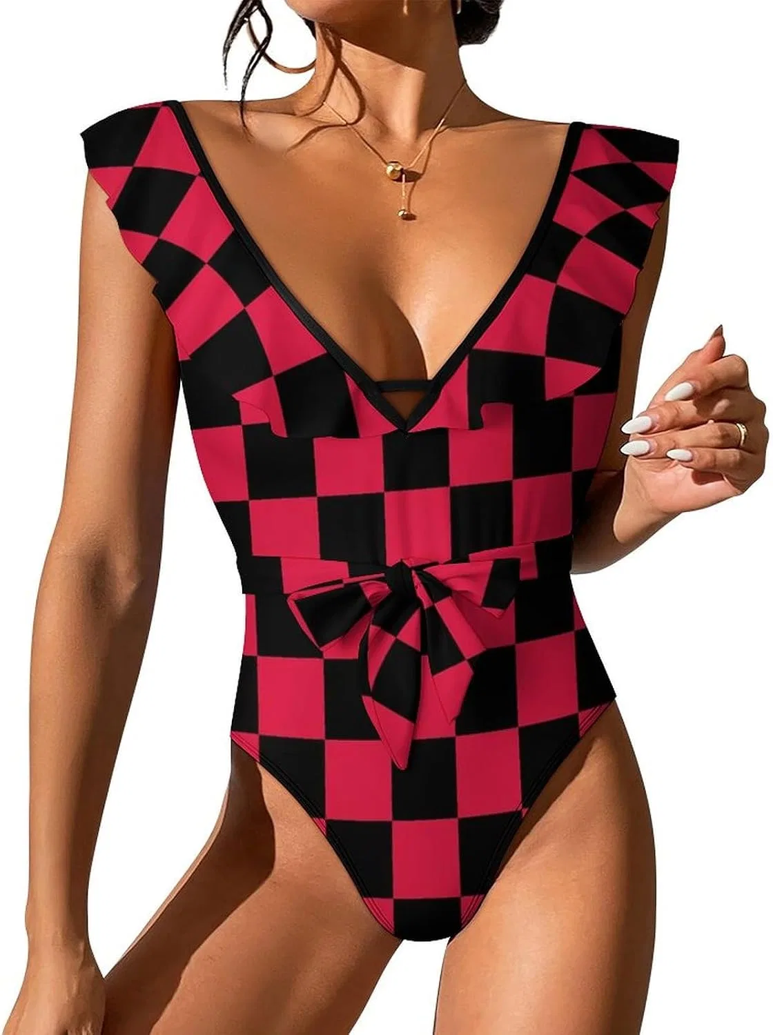 Женский цельнокроеный купальник с змеиным принтом, Red Black Checkered