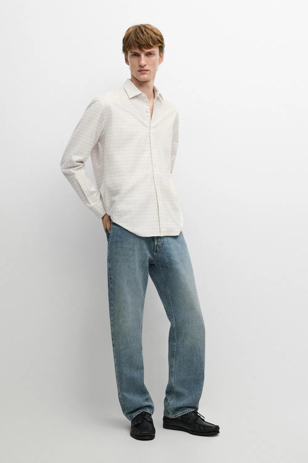 Рубашка Massimo Dutti 100% Cotton Regular Fit Check, светло-бежевый — фото 3