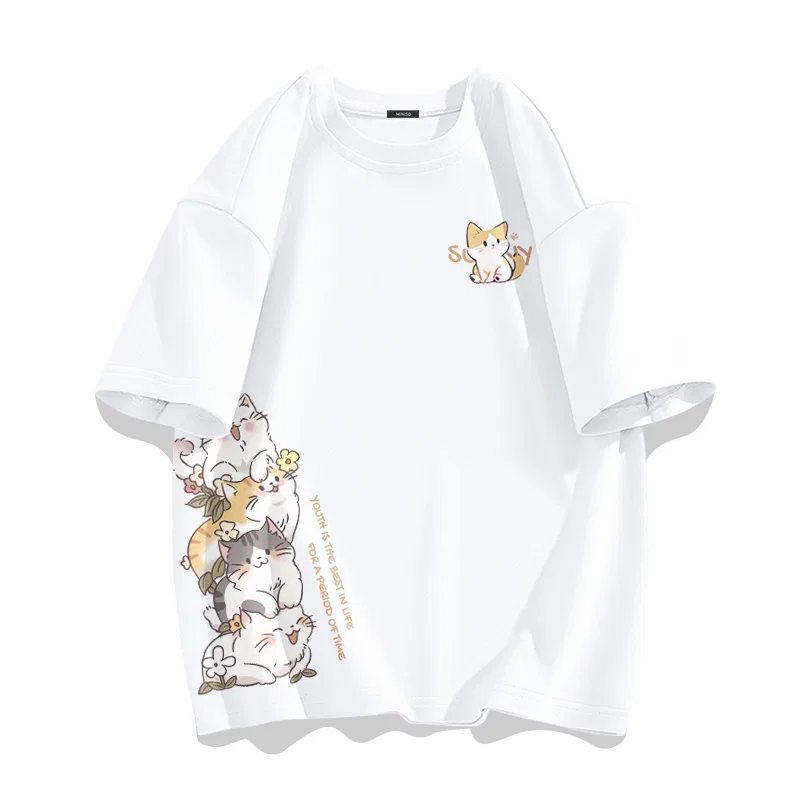 Детская футболка хлопковая с принтом Stacked Cat Lying MINISO, White Black — фото 4