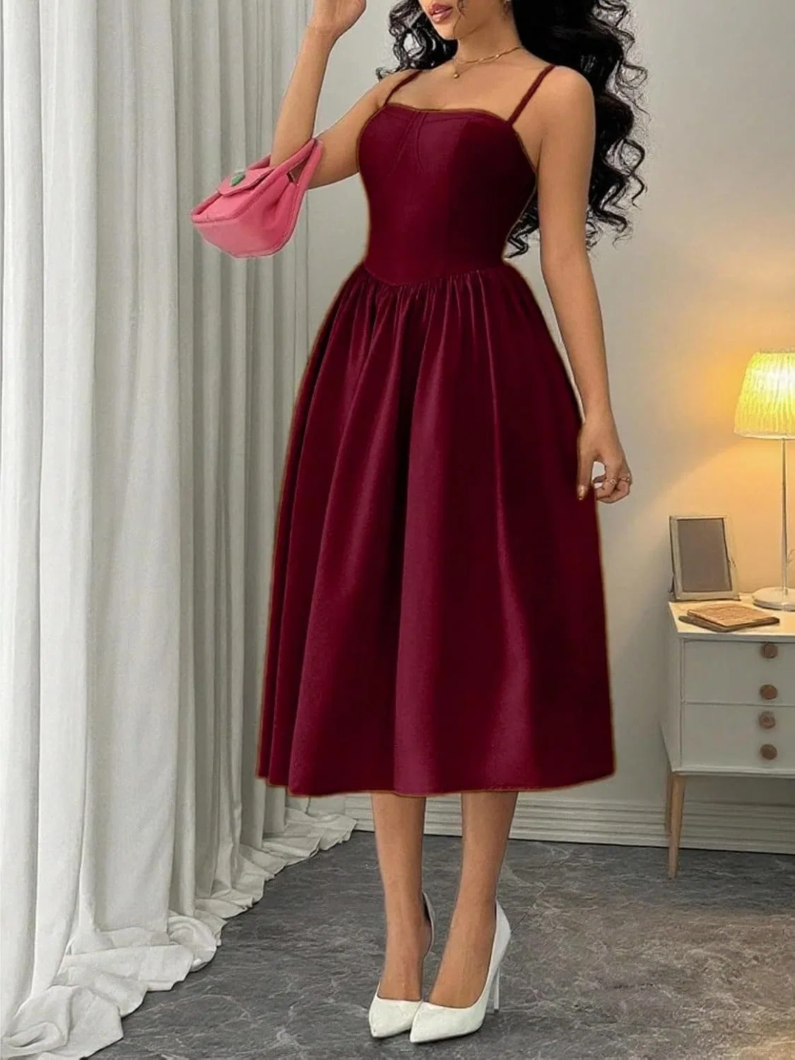 Женское элегантное платье-комбинация с открытой спиной Generic, Burgundy — фото 4