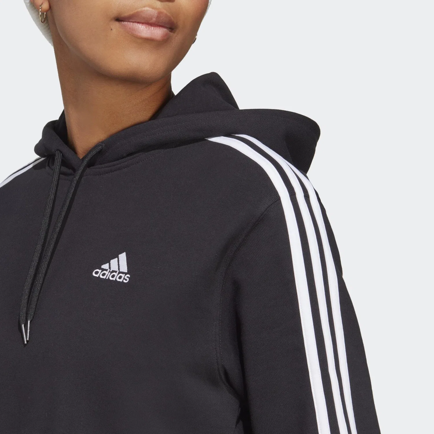 Женское укороченное худи с капюшоном Essentials 3-Streifen French Terry Crop Hoodie Adidas, Schwarz Weiss — фото 4