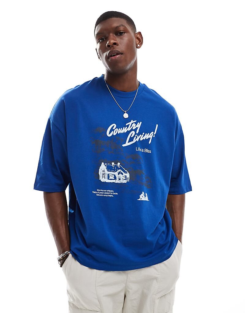 

Темно-синяя футболка oversize с пейзажным принтом ASOS DESIGN