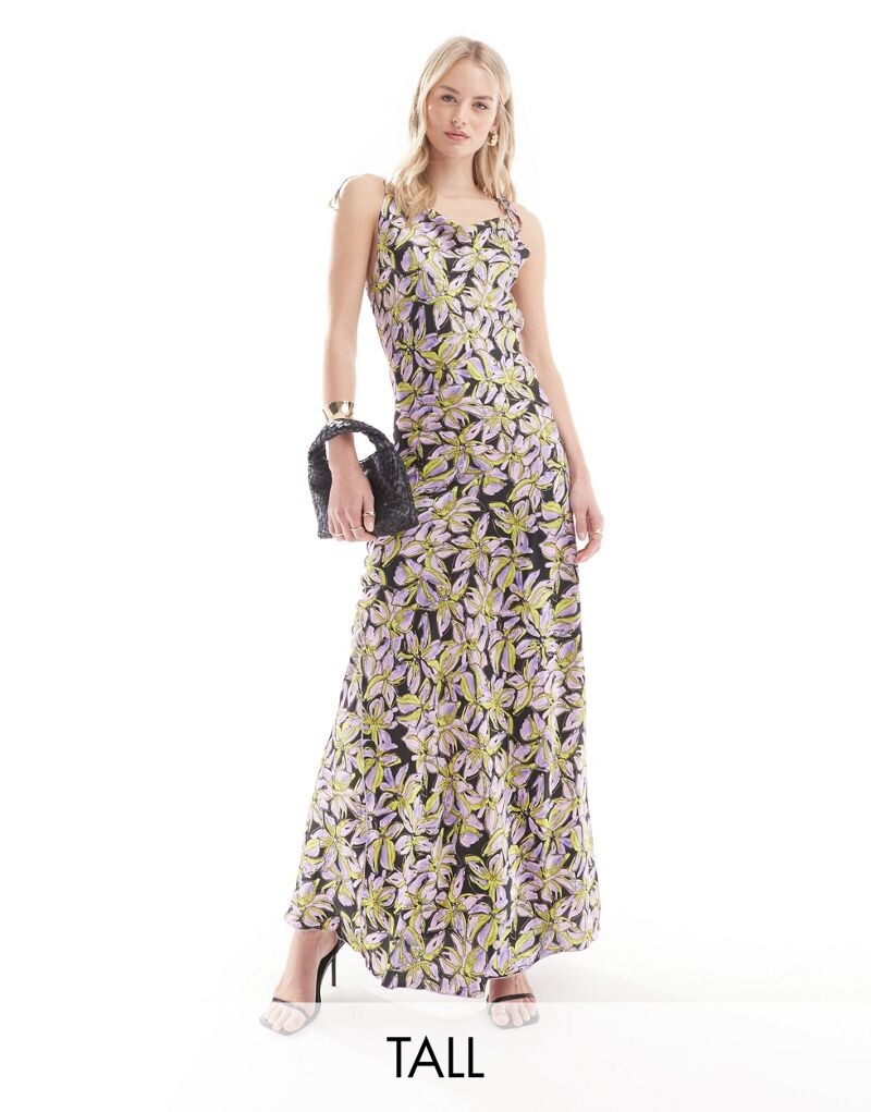 

Атласное платье макси с завязками на плечах и швом Vero Moda Tall фиолетового цвета с принтом