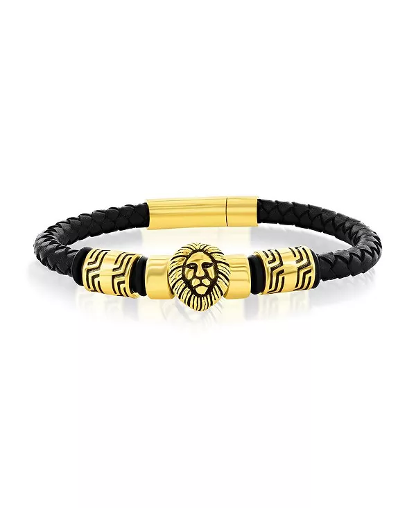 

Лев из оксидированной нержавеющей стали с браслетом из натуральной кожи Metallo, gold