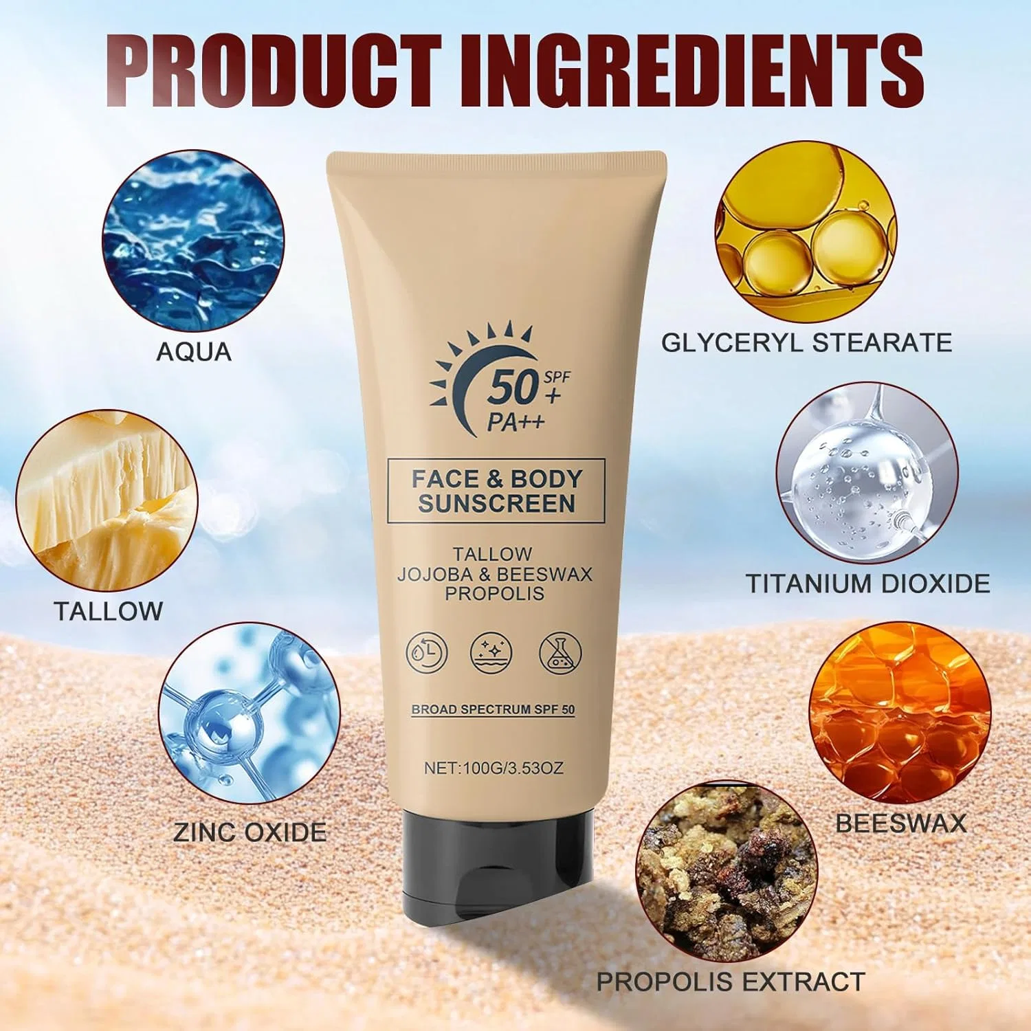 Водостойкий солнцезащитный крем Beef Tallow SPF 50+ для лица и тела, 100 г Muiefe — фото 2