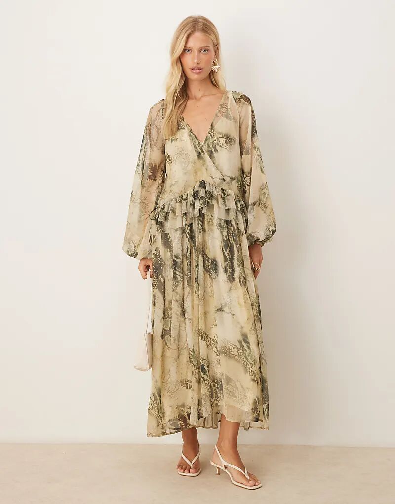 

Платье миди ASOS DESIGN с V-образным вырезом, оборками и зеленым абстрактным принтом