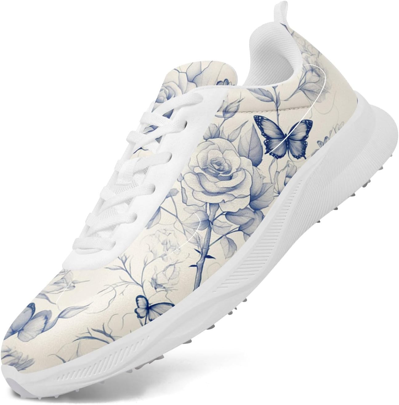 

Гольф-туфли без шипов для мужчин и женщин - с цветочным принтом, дышащие, водонепроницаемые, легкие кроссовки для гольфа и повседневной носки Coolcustomize, белый/синий/бежевый
