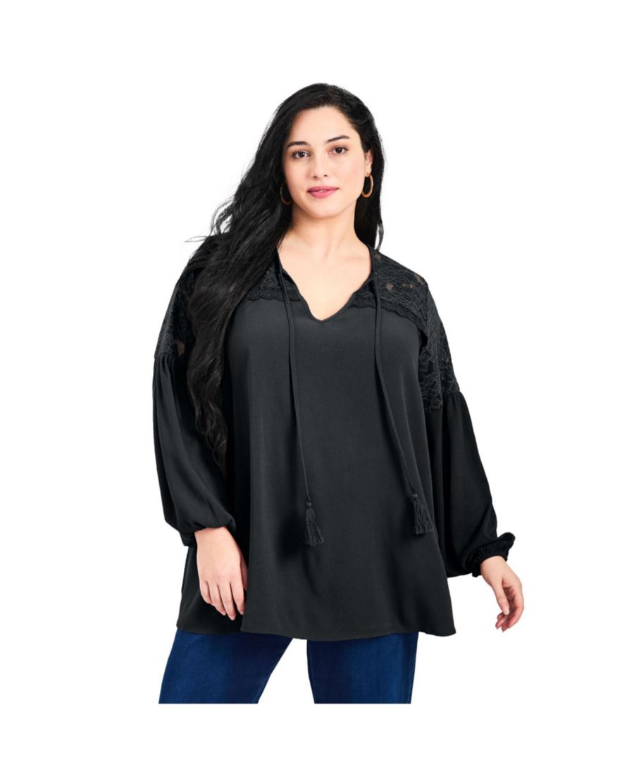 

Женская блузка большого размера Marcie с кружевной кокеткой и длинными рукавами AVENUE, Black