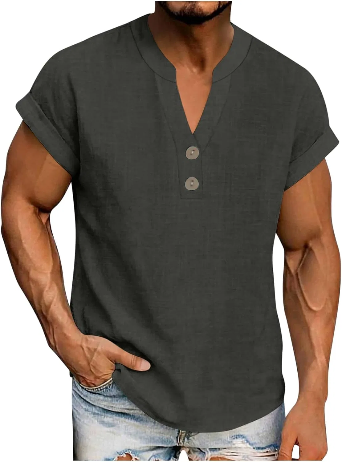 Мужская свободная футболка с V-образным вырезом Men's Linen Shirt, Dark Gray