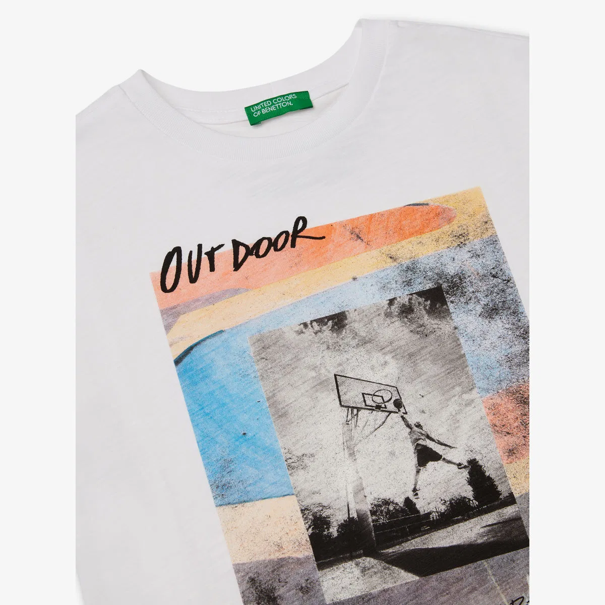 Свободная футболка с коротким рукавом из хлопкового трикотажа, размер 6-14 лет Benetton, белый — фото 2
