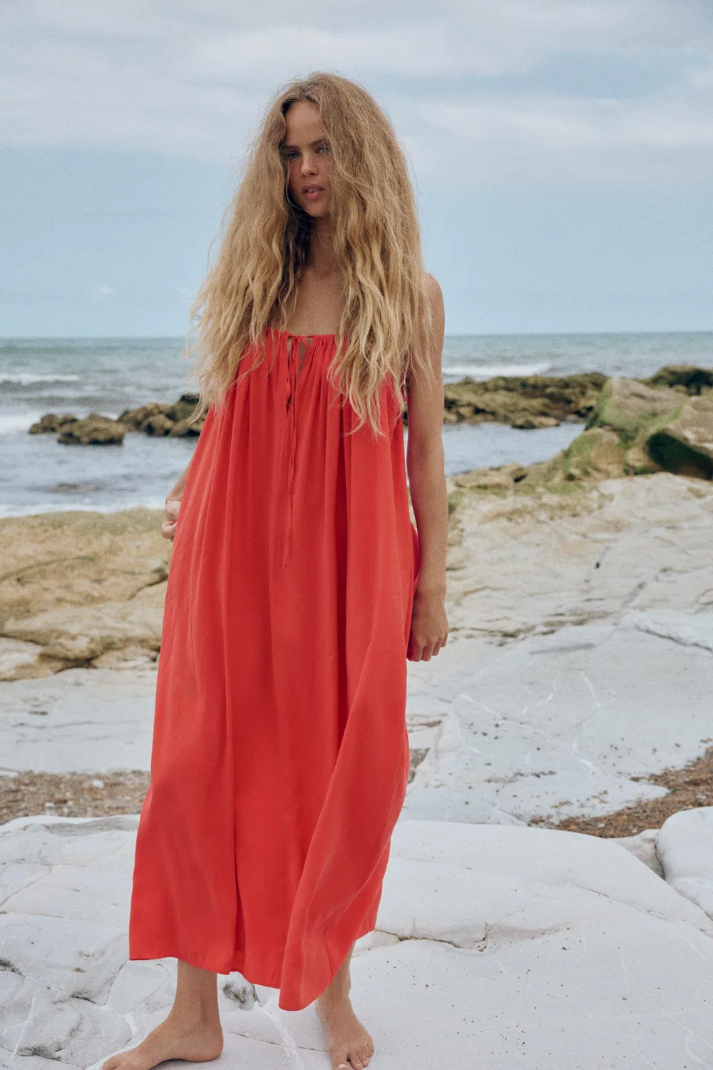 Струящееся платье миди с завязками ZARA, Red/Coral