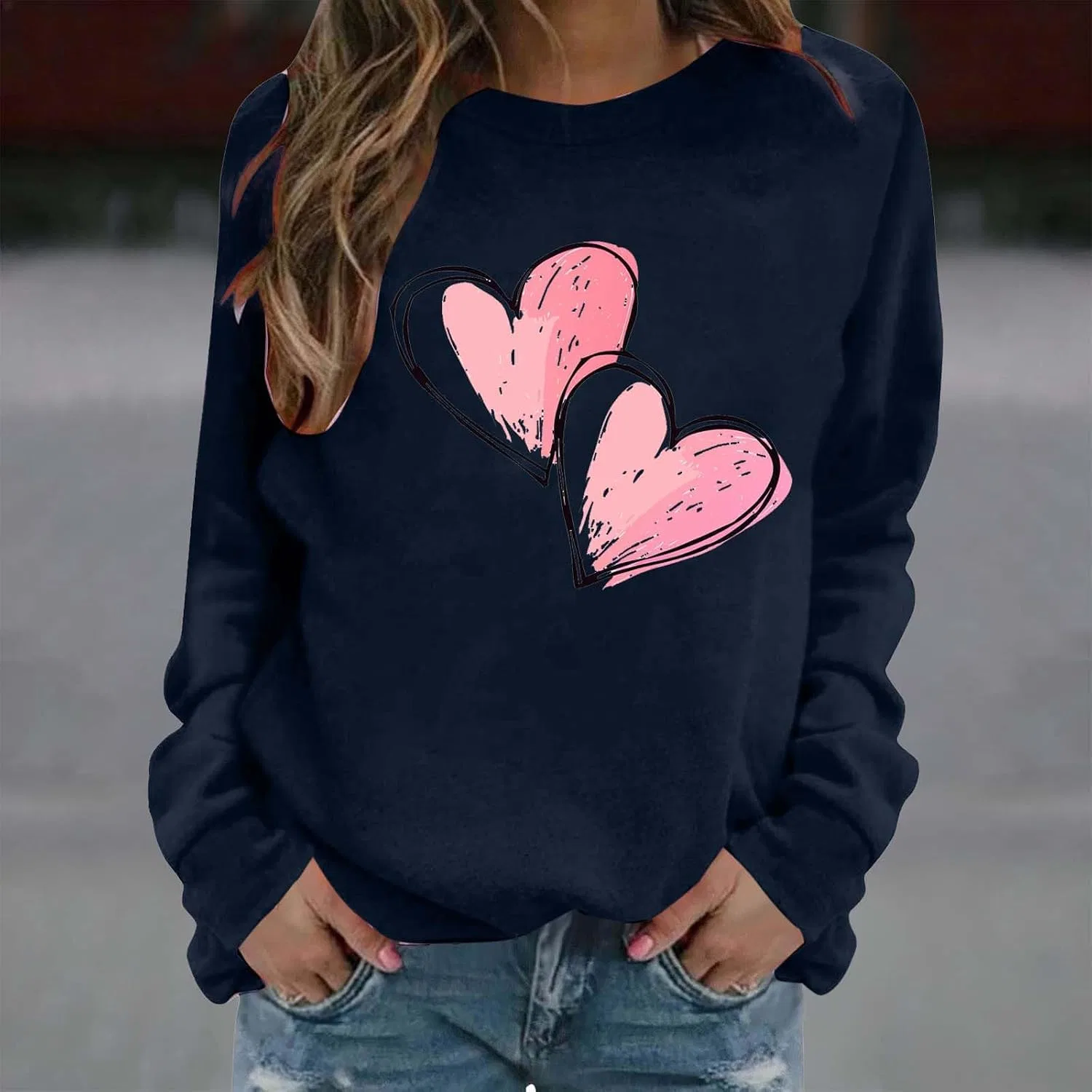 Женский свитшот с принтом Valentine Love Heart, тёмно-синий — фото 3