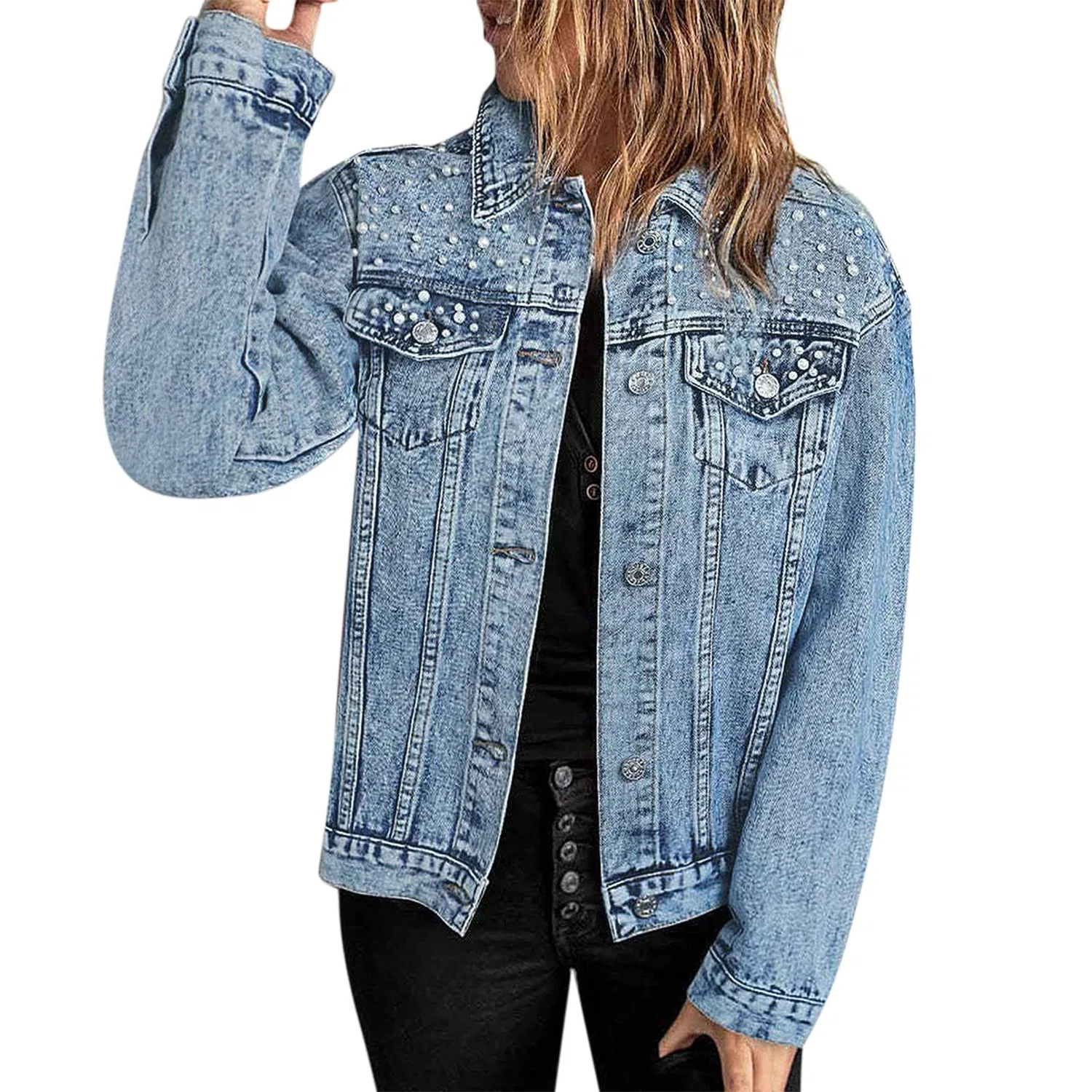 Женская джинсовая куртка с вышивкой Beaded Embroidered Denim Jackets, Blue