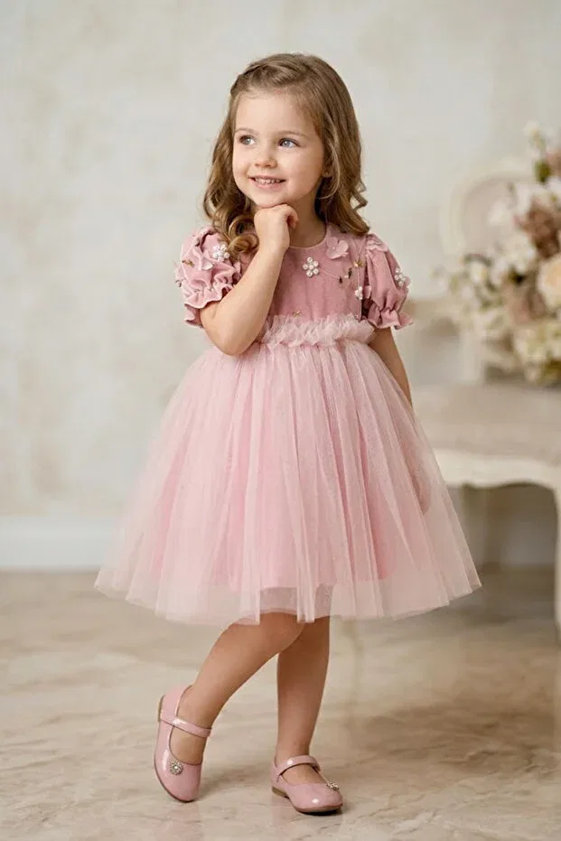 Детское платье для девочек с принтом Summer Dress Baby Animals, Powder — фото 2
