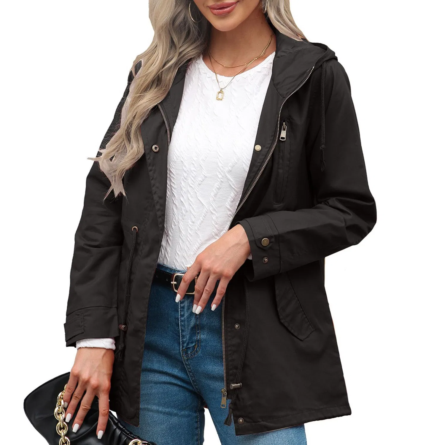Женская куртка с капюшоном и поясом на молнии, модель Drawstring Waist, Nero — фото 2
