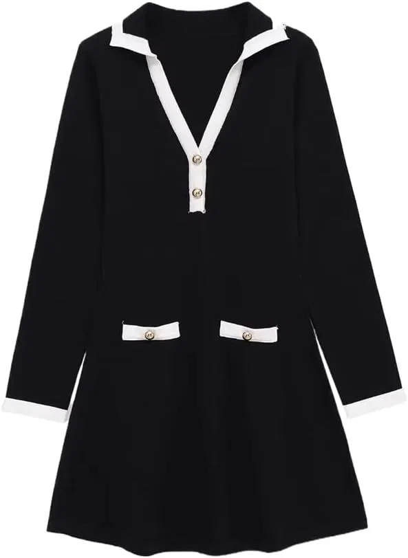 Женское A-силуэта платье мини с лацканом Button Detail, Black