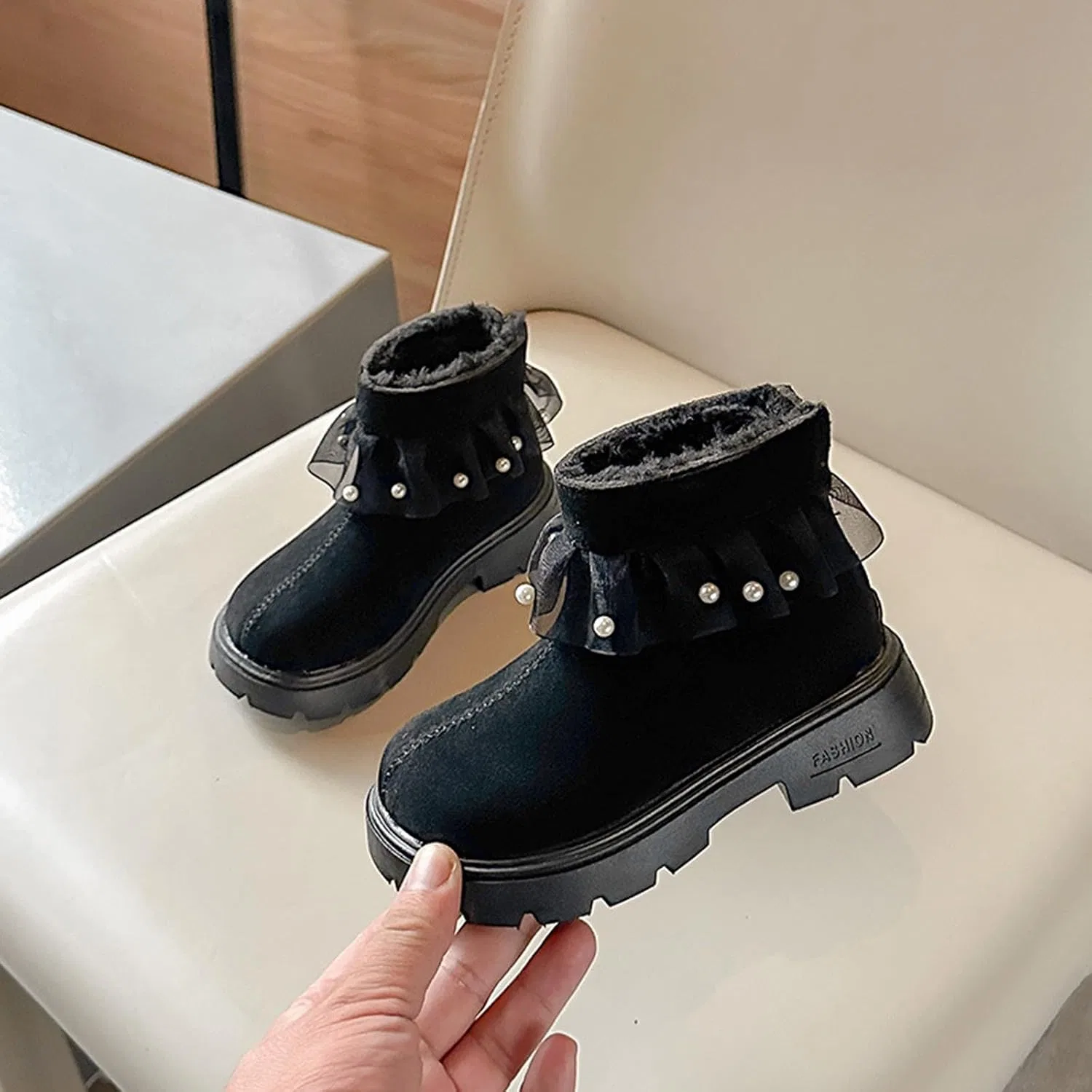 Детские зимние сапоги для девочек с меховой подкладкой, Black — фото 2