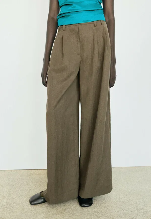 Брюки из лиоцелла, полиамида и льна Technical wide-leg pleated pants - trousers Massimo Dutti, Mottled Brown, коричневый
