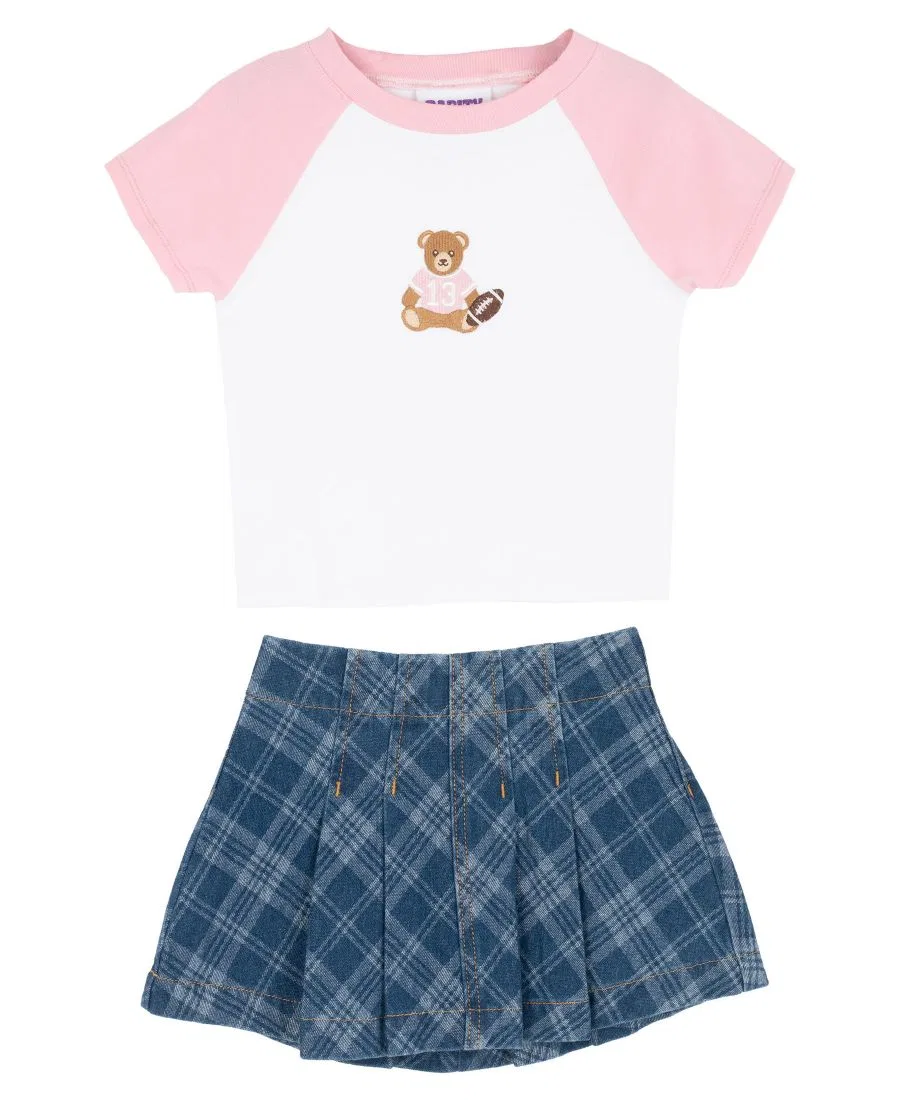 Комплект из футболки реглан и юбки-шорт с плиссировкой, модель Raglan T-Shirt and Plaid denim Skirt Rare Editions, Pink/White