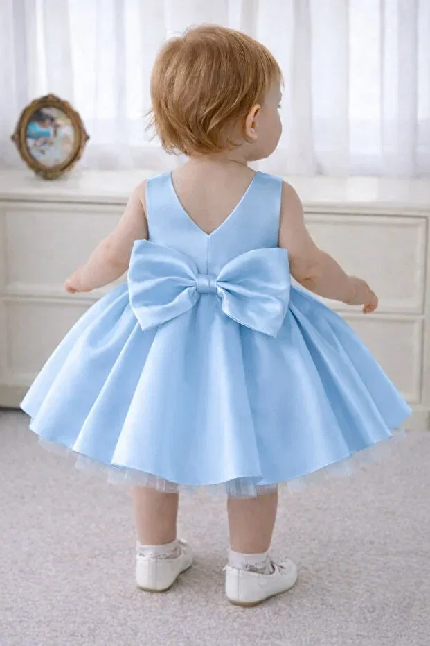 Детское платье для девочек без рукавов Baby Girl Baby Blue Bow Detailed Birthday Suneh, Baby Blue — фото 2