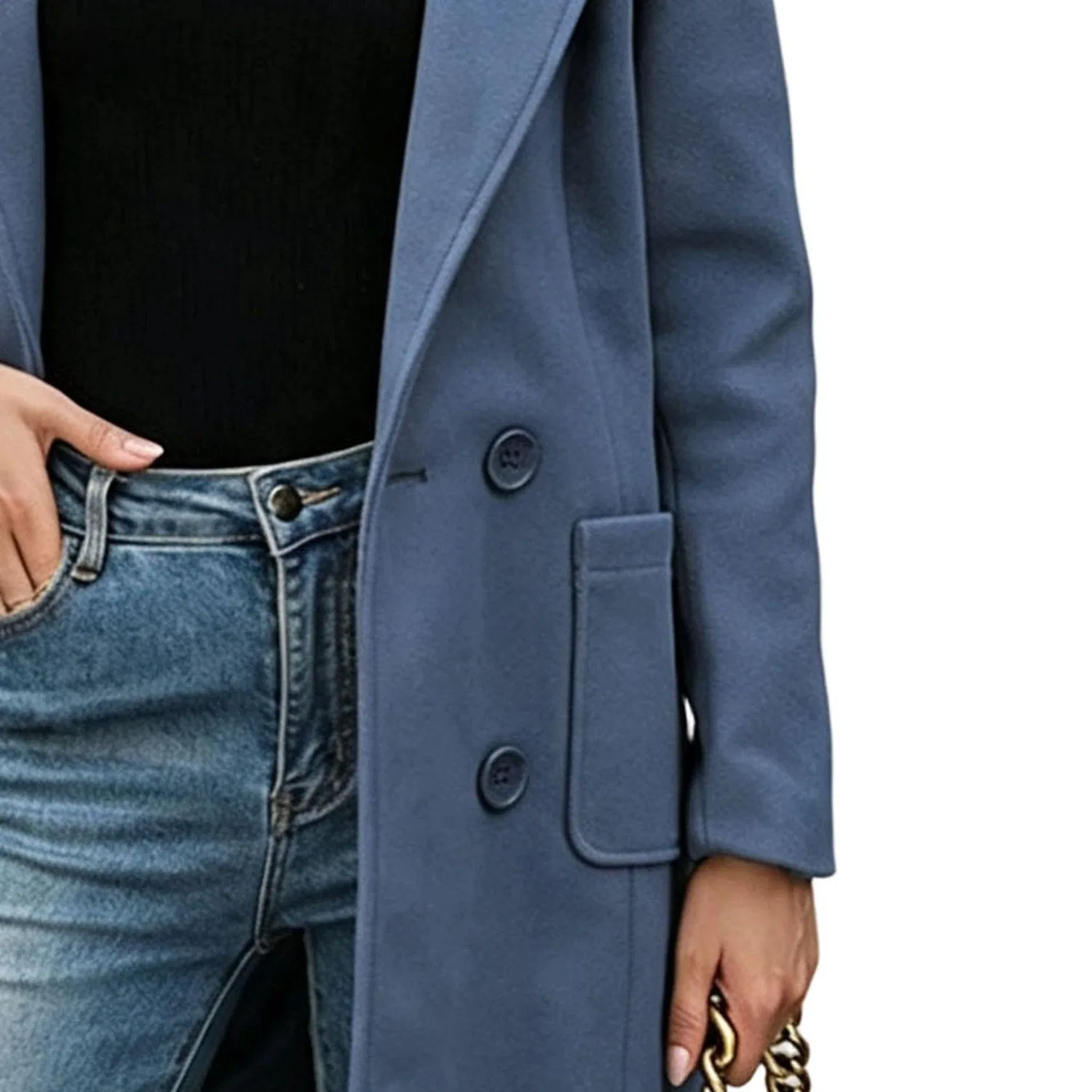 Женское двубортное пальто с лацканами Trench Peacoat Outwear, Blu — фото 4