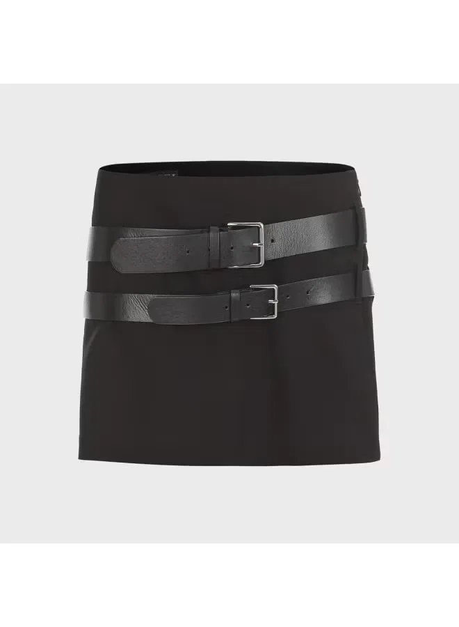Юбка-трапеция однотонная мини с ремнем Zara, черный — фото 2