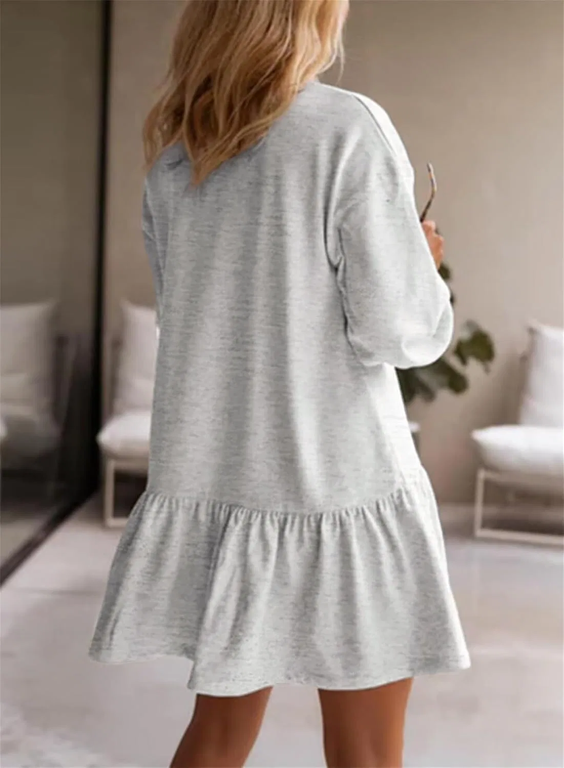 Женское платье-свитшот оверсайз Casual Patchwork Crewneck Fall Dresses, Light Gray — фото 2