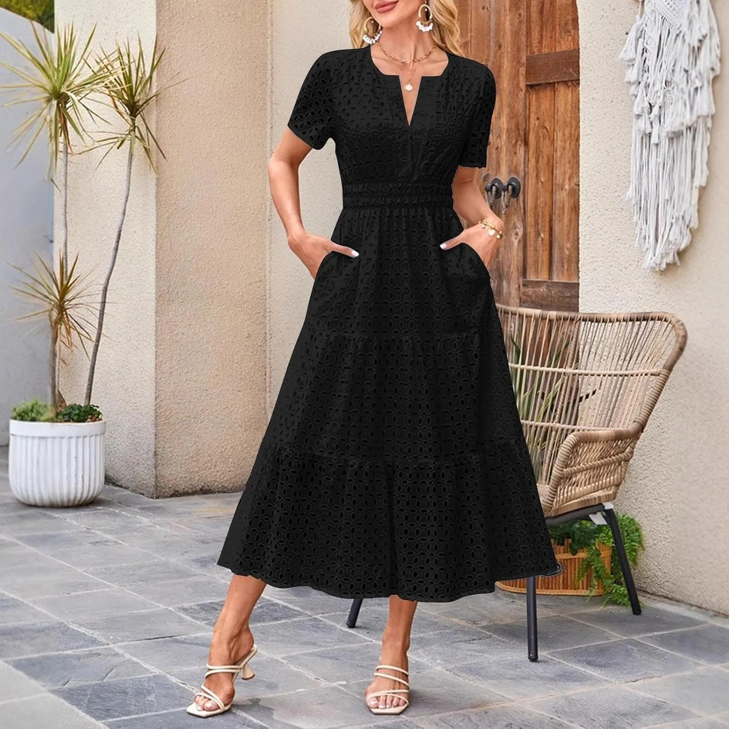 Женское летнее макси-платье с V-образным вырезом flowy wedding guest dresses for women, Black — фото 4