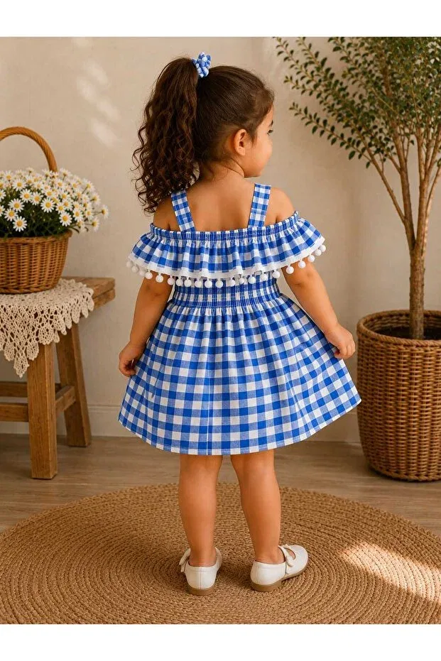 Детское платье для девочек хлопковое Pompom Gingham Krm Kerem Bebe, Blue — фото 4