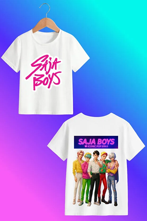 Детская футболка для мальчиков с принтом K-Pop demon hunters saja boys printed black-and-white Mech Butik, White (Front)