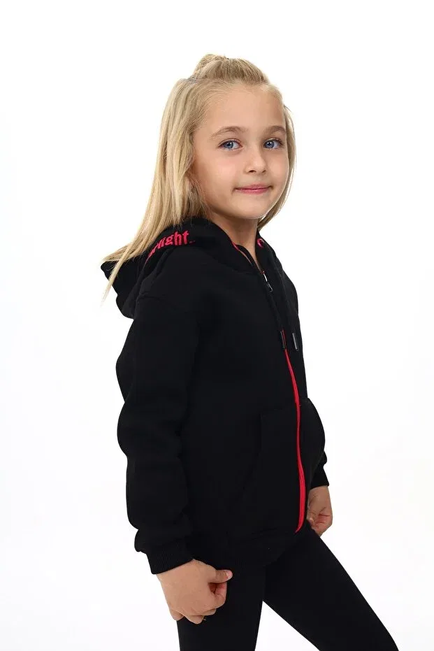 Детский кардиган для девочек с капюшоном Girl'S beige hooded zippered pocket embroidery printed knitted cardigan - 2 thread raised embroidery Toontoy, Black — фото 3