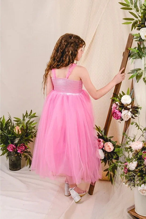 Детское платье для девочек с открытой спиной Backless tutu skirt girl's satin party evening dress 0340 pomegranate flower Mnk, Pomegranate Blossom — фото 2