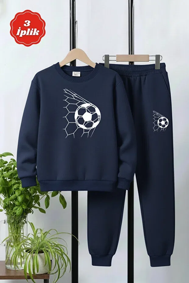 Детский спортивный костюм для мальчиков с принтом 3 thread thick sh fleece-lined crew neck print detailed 6 piece boys tracksuit set Ya Ko Kids, Navy Blue-Grey-Black — фото 2