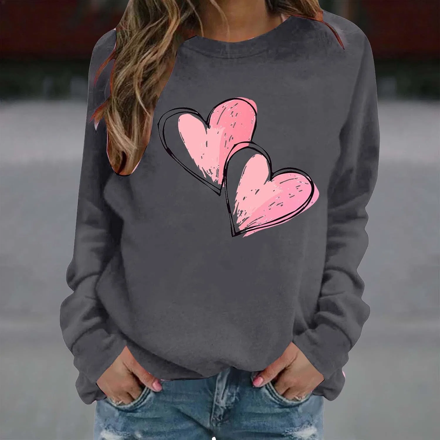 Женский свитшот с принтом Valentine Love Heart, тёмно-серый — фото 3