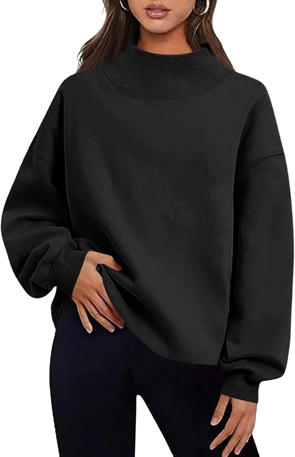 Женский свитшот с высоким воротом, свободного кроя, без капюшона, #E-black
