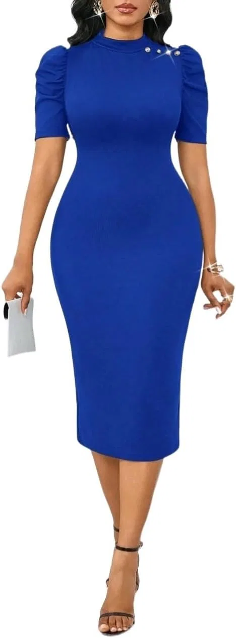 Женское элегантное платье bodycon с воротником-стойкой, коротким рукавом и пуговицами, Royal Blue