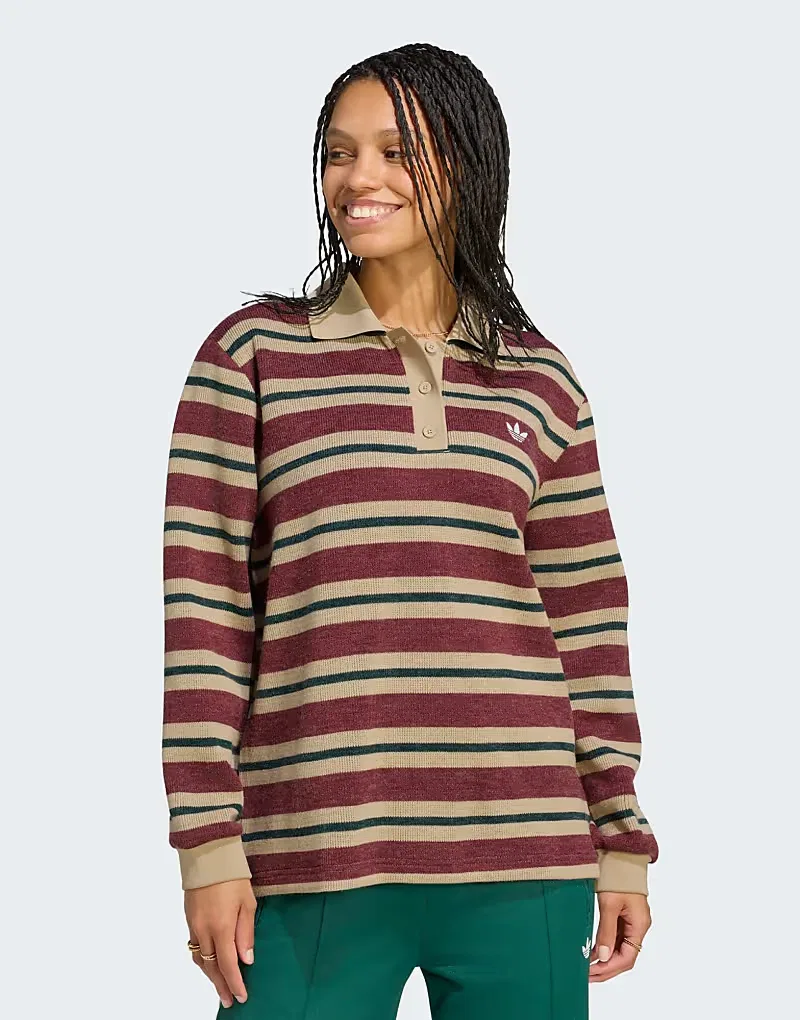 Вязаная регбийная поло-рубашка Adidas Originals Stripe, теневой красный — фото 4