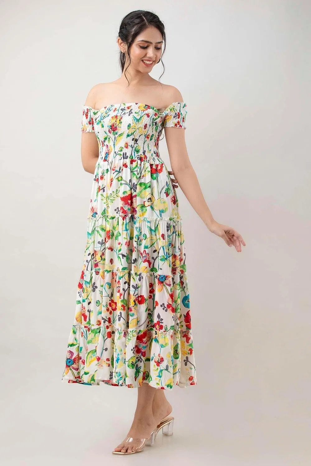 Женское летнее платье миди с цветочным принтом офф-ш shoulder, White Floral — фото 3
