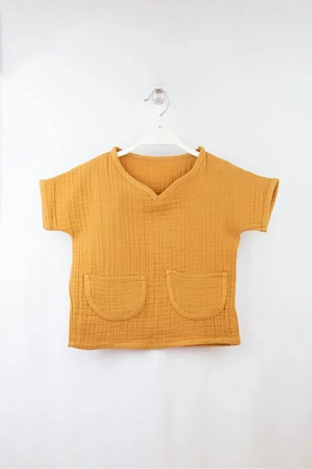 Детская футболка для мальчиков с коротким рукавом Muslin baby t-shirt pocket v-neck 100% cotton Bondilolly, Hardal