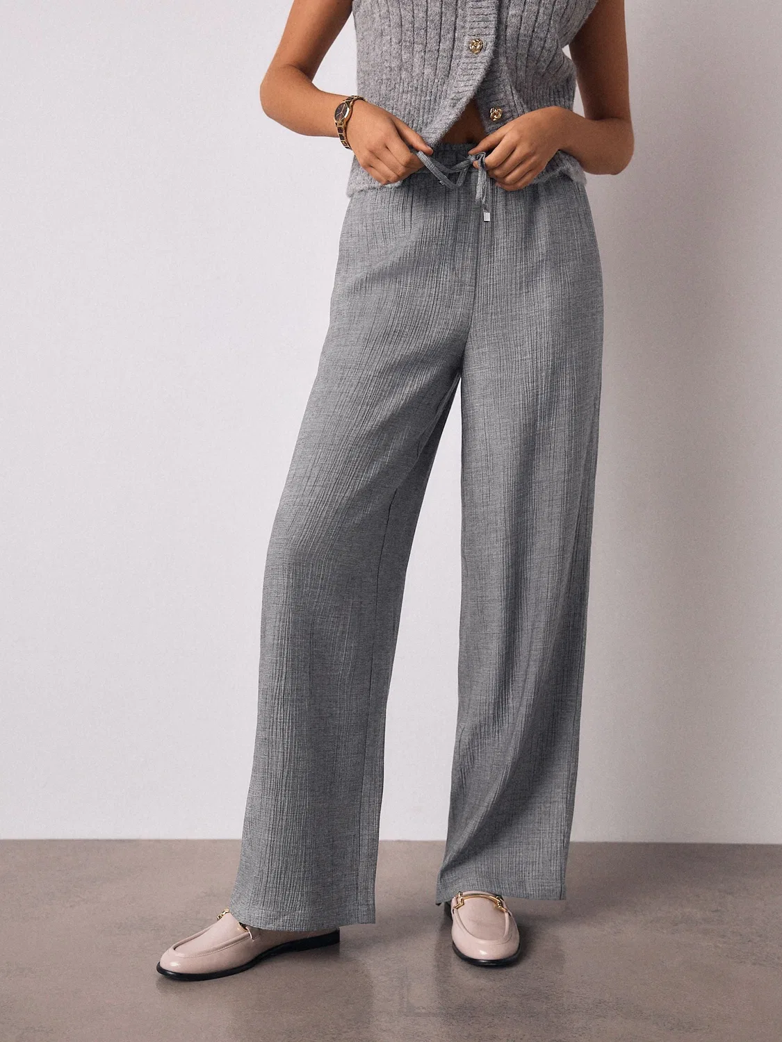 Брюки широкие с завязками и шерстью, модель Tie Waist Wide Leg Next, серый — фото 2