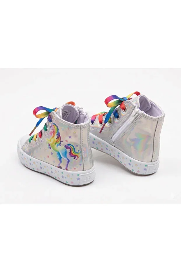 Детские кроссовки для девочек с подсветкой Unicorn patterned rainbow lace-up lighted Papuctime, White — фото 3